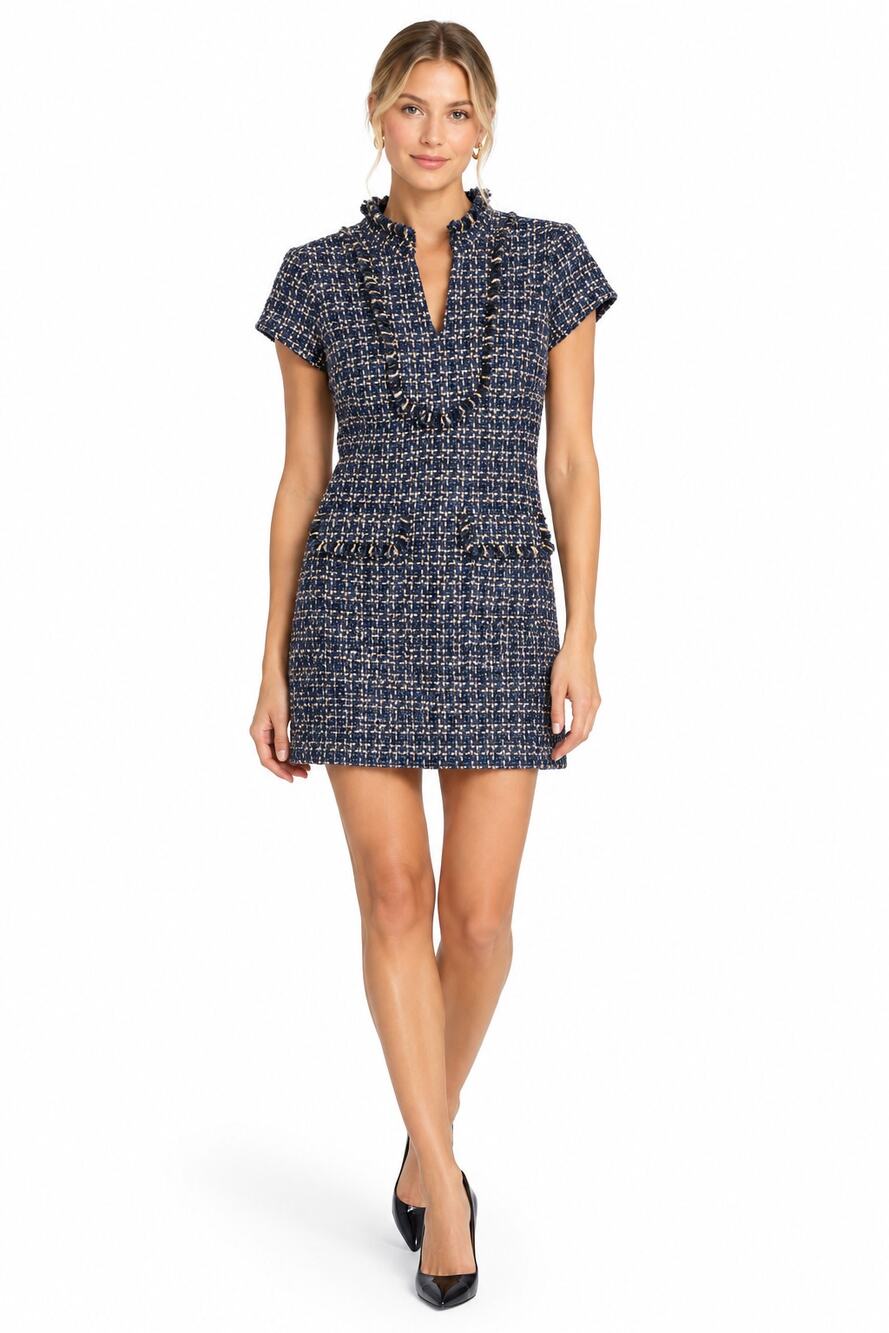Sail to Sable Navy Metallic Tweed Short Sleeve Shift Dress Size 6 EUC